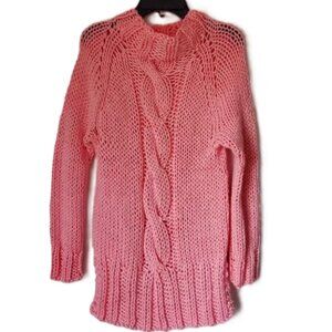 Women's Fall Sweater Knitted Barbie Pink Cable Knit Fisherman Design Long Cozy